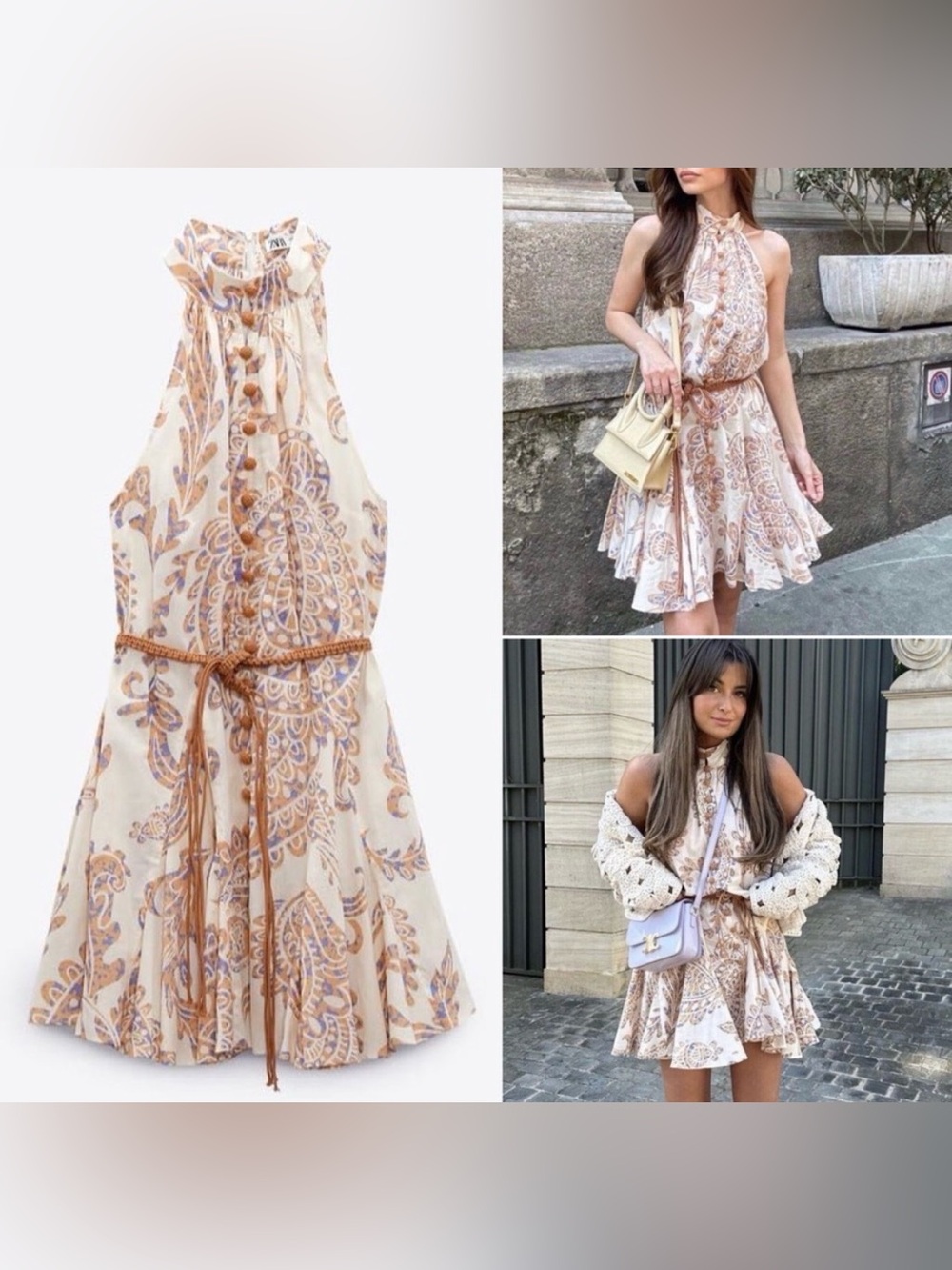 Zara Cream and Tan Paisley Halter Mini Dress
